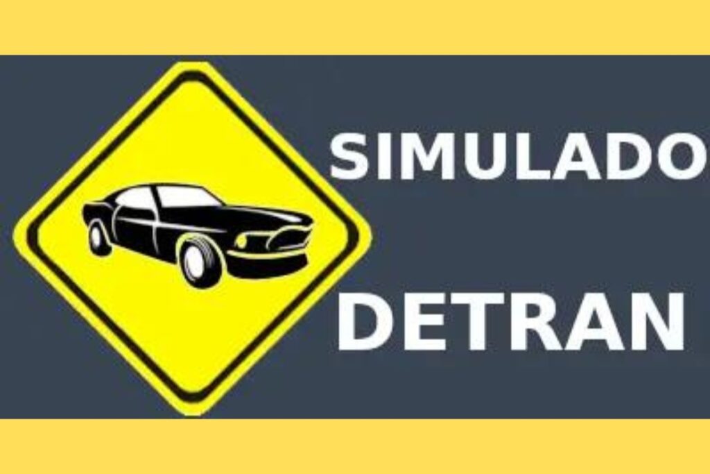 Placa sinalizando "Simulado DETRAN" com carro desenhado.