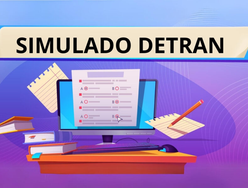 Simulado DETRAN online com livros e computador.
