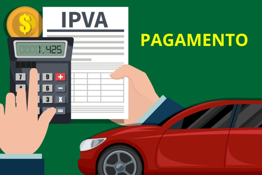 Pagamento do IPVA com calculadora e carro vermelho.