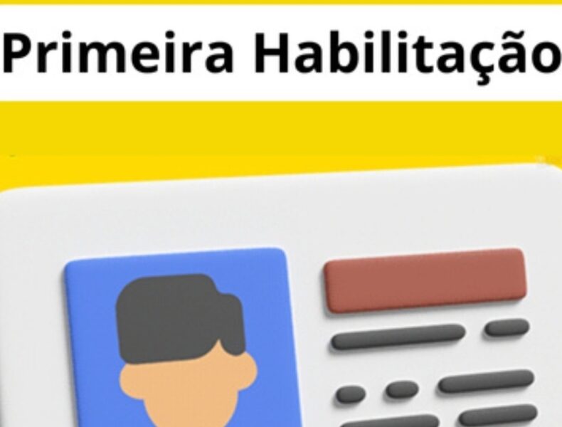 Ilustração simulando carteira de motorista, texto "Primeira Habilitação".